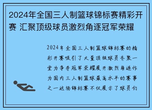 2024年全国三人制篮球锦标赛精彩开赛 汇聚顶级球员激烈角逐冠军荣耀